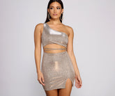 Glitzerndes One-Shoulder-Minikleid mit Goddess-Print